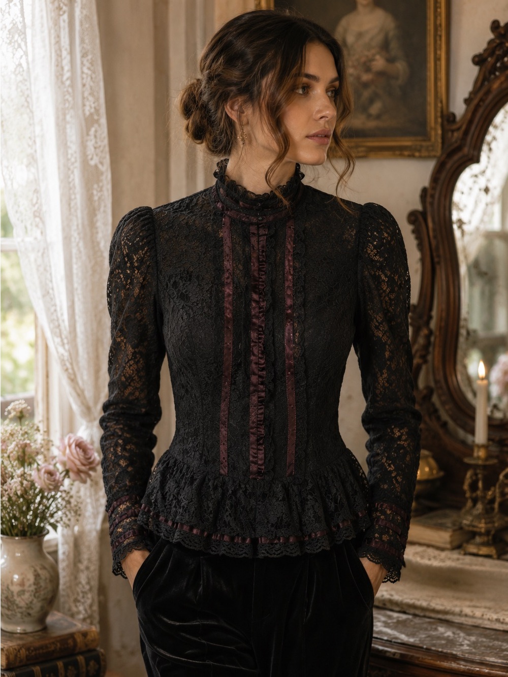 Rare Vintage Gunne Sax by Jessica McClintock Black Lace Victorian Blouse Top